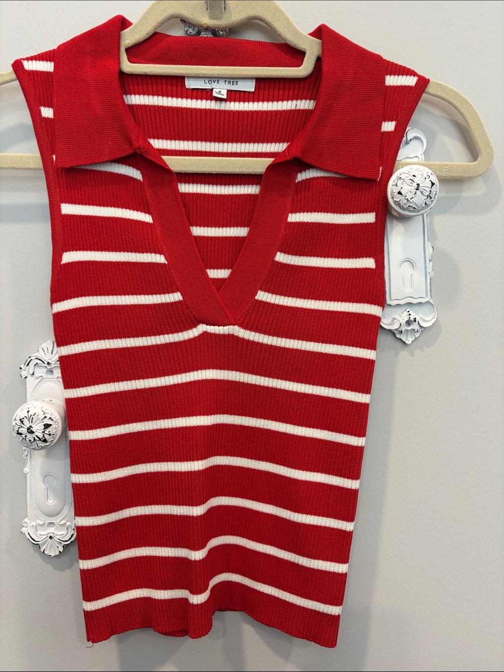 Love Tree Red and White Striped Collared V-Neck Tank